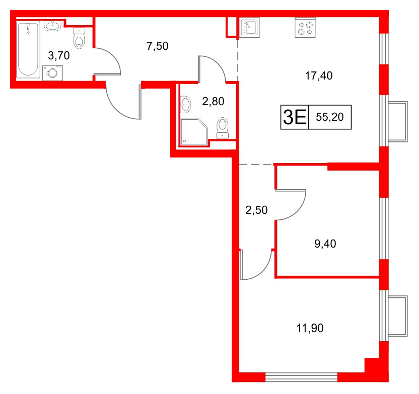 Квартира в ЖК Янинский Лес, 2 комнатная, 55.2 м², 15 этаж