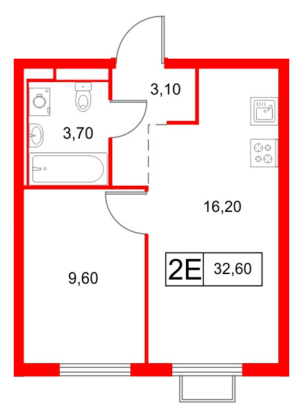 Квартира в ЖК «Янинский Лес», 1 комнатная, 32.6 м², 10 этаж