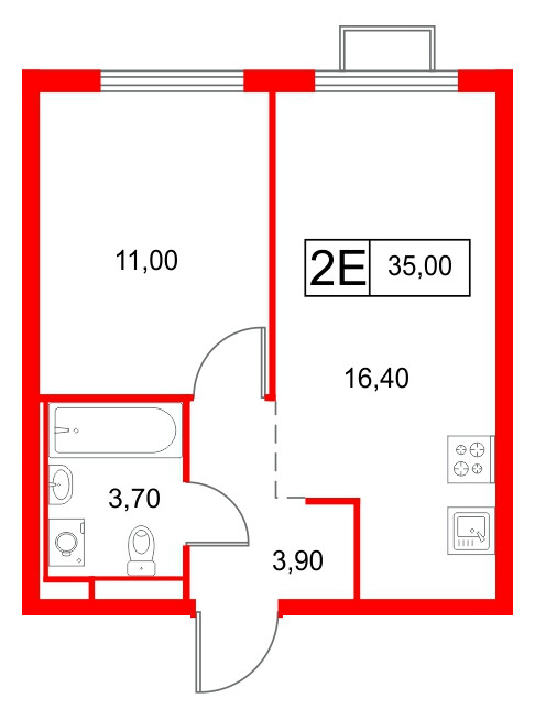 Квартира в ЖК «Янинский Лес», 1 комнатная, 35 м², 6 этаж