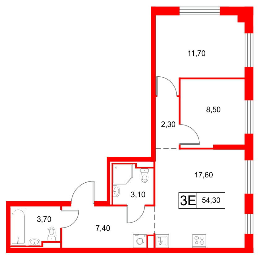 Квартира в ЖК Янинский Лес, 2 комнатная, 54.3 м², 1 этаж
