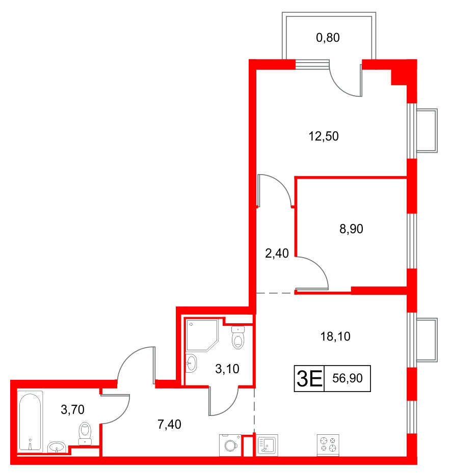 Квартира в ЖК Янинский Лес, 2 комнатная, 56.9 м², 7 этаж