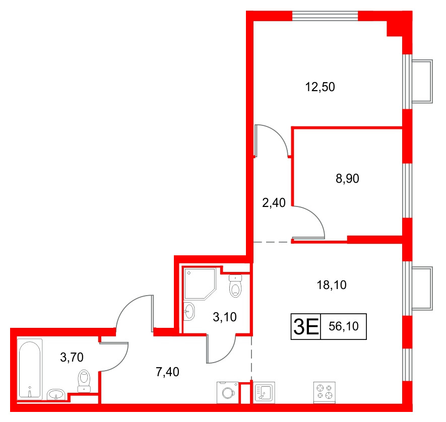 Квартира в ЖК Янинский Лес, 2 комнатная, 56.1 м², 12 этаж