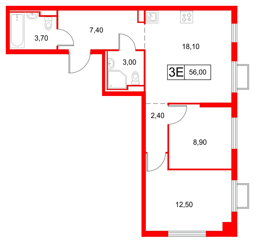 Квартира в ЖК Янинский Лес, 2 комнатная, 56 м², 3 этаж