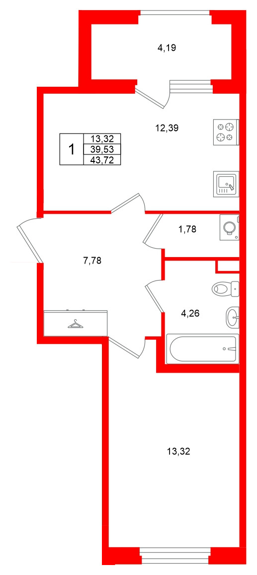 Квартира в ЖК «Дубровский», 1 комнатная, 39.53 м², 1 этаж