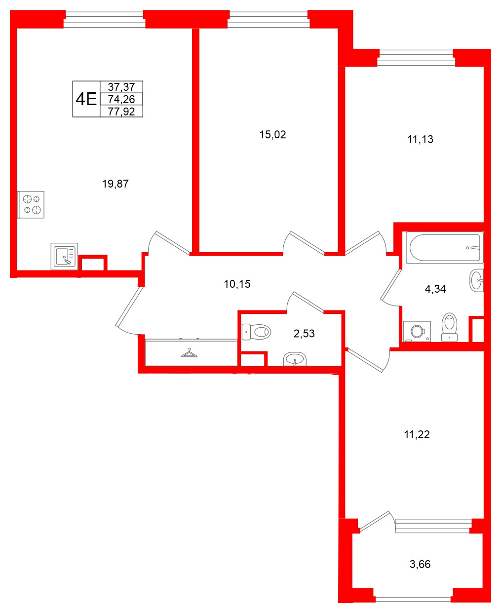 Квартира в ЖК Дубровский, 3 комнатная, 74.26 м², 1 этаж