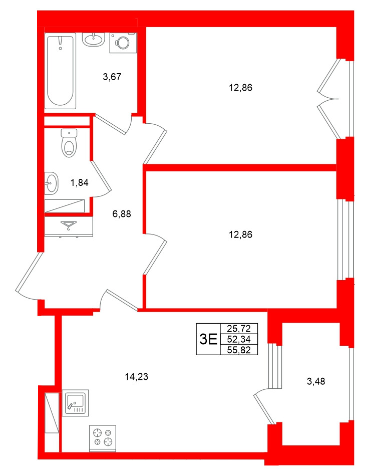 Квартира в ЖК «Дубровский», 2 комнатная, 52.34 м², 4 этаж