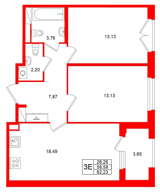 Квартира в ЖК Дубровский, 2 комнатная, 58.58 м², 3 этаж