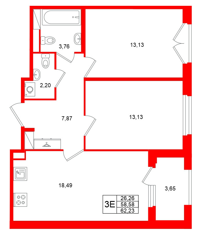 Квартира в ЖК Дубровский, 2 комнатная, 58.58 м², 4 этаж