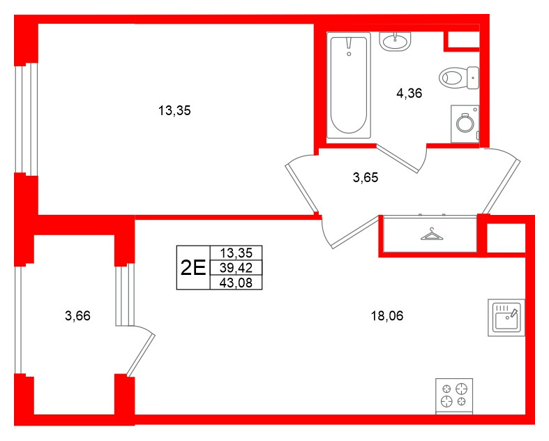 Квартира в ЖК Дубровский, 1 комнатная, 39.42 м², 1 этаж