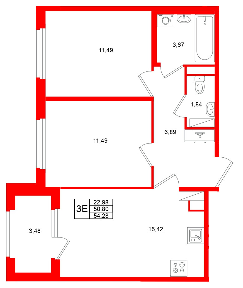 Квартира в ЖК «Дубровский», 2 комнатная, 50.8 м², 4 этаж
