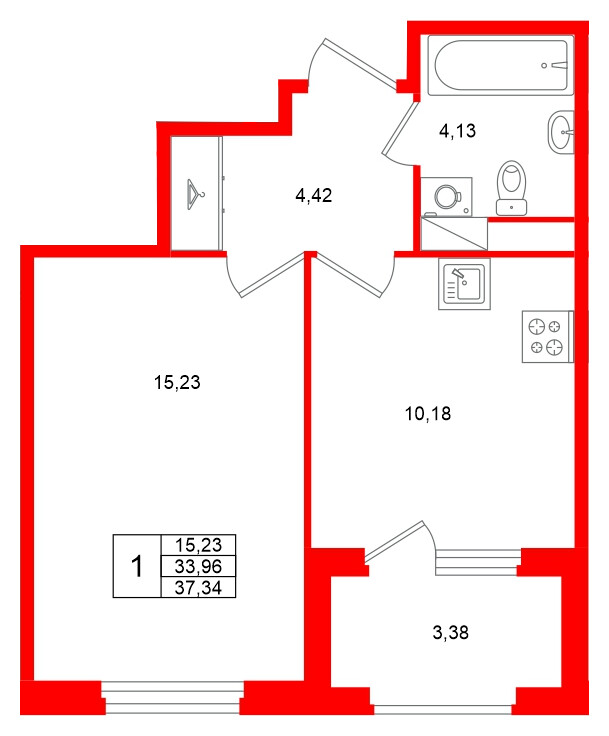 Квартира в ЖК «Дубровский», 1 комнатная, 33.96 м², 3 этаж