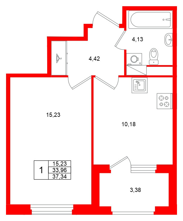Квартира в ЖК «Дубровский», 1 комнатная, 33.96 м², 4 этаж