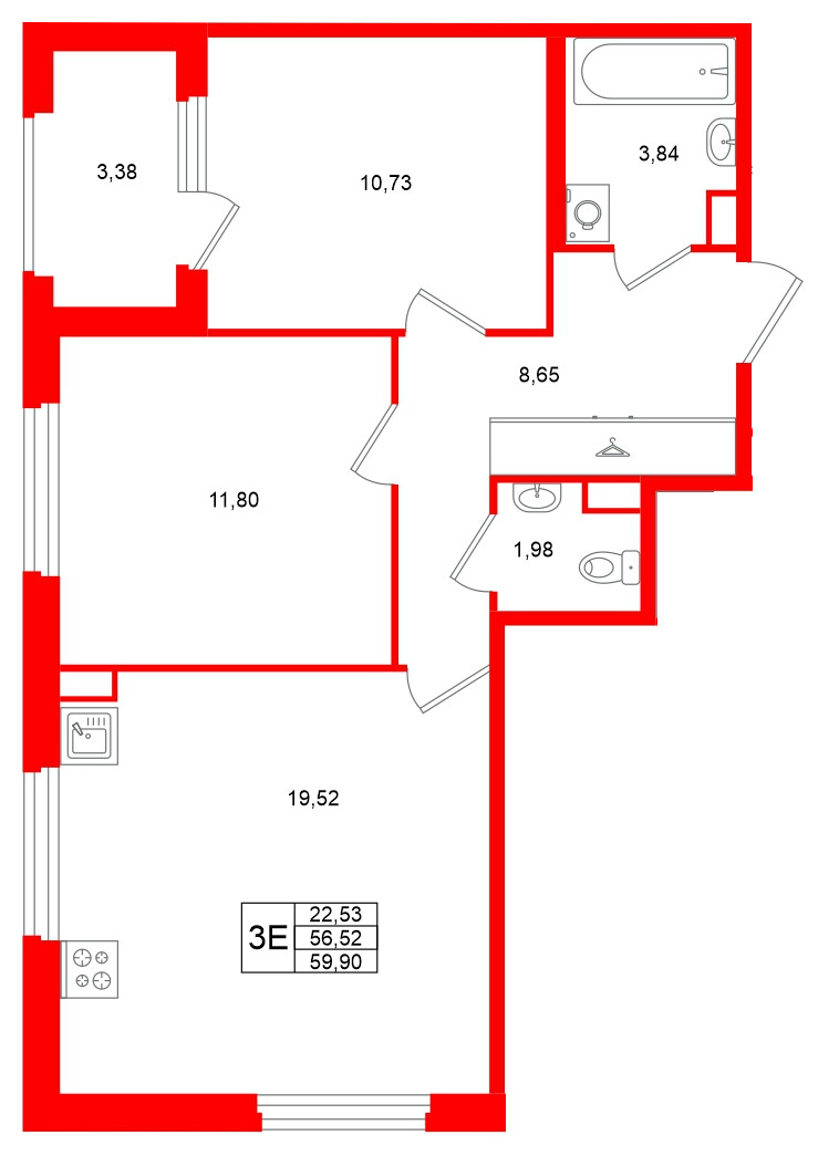 Квартира в ЖК «Дубровский», 2 комнатная, 56.52 м², 1 этаж