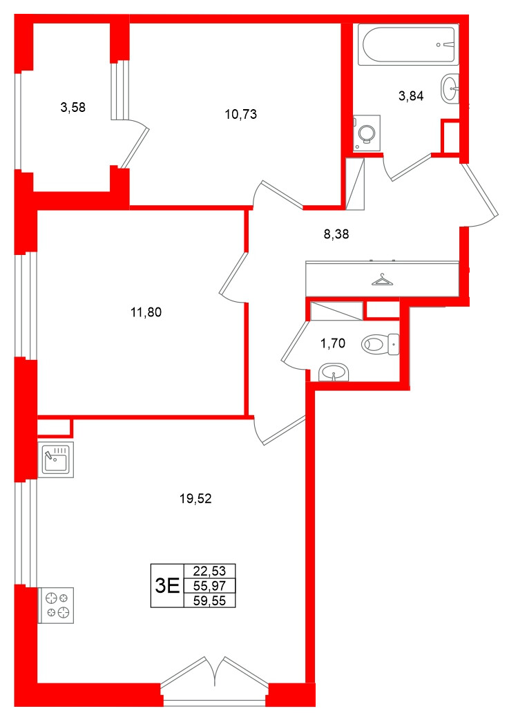 Квартира в ЖК «Дубровский», 2 комнатная, 55.97 м², 3 этаж