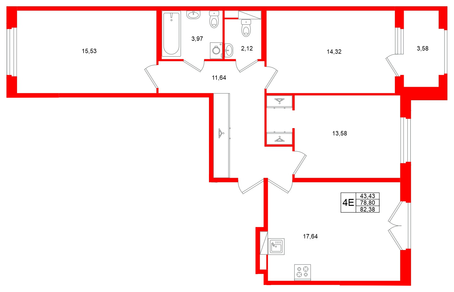 Квартира в ЖК Дубровский, 3 комнатная, 78.8 м², 4 этаж