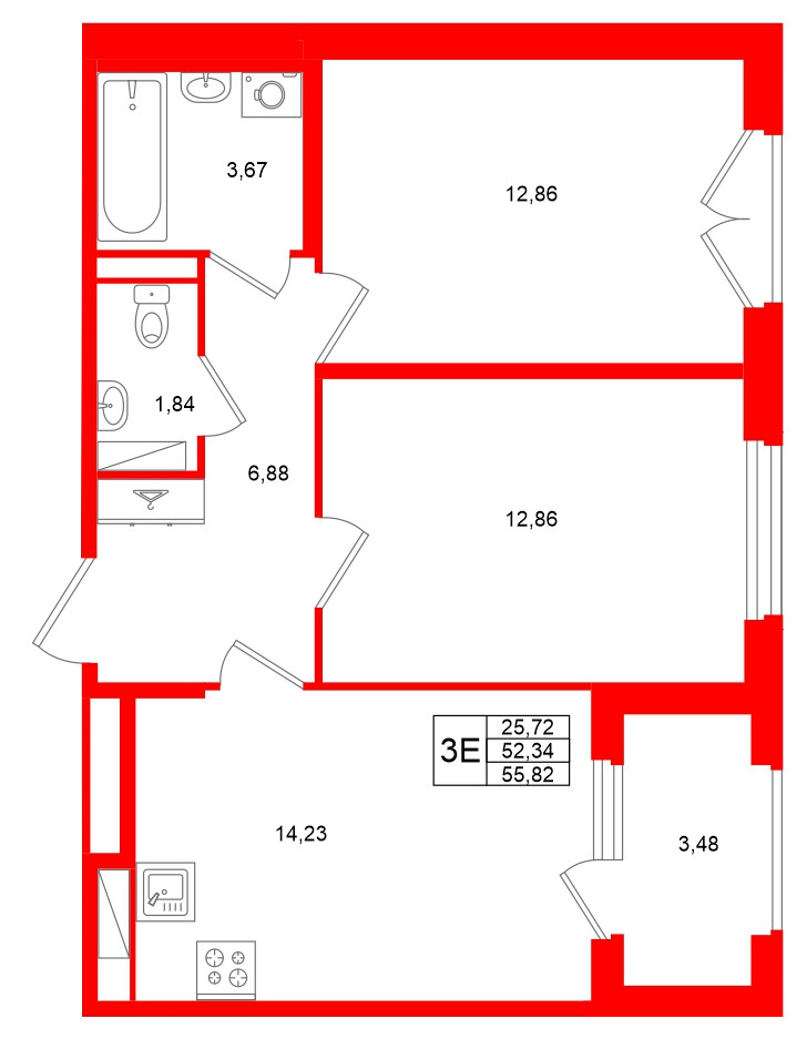 Квартира в ЖК «Дубровский», 2 комнатная, 52.34 м², 4 этаж