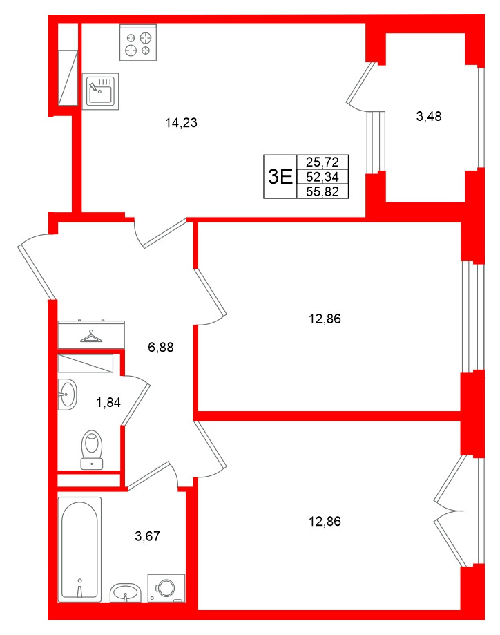 Квартира в ЖК «Дубровский», 2 комнатная, 52.34 м², 4 этаж