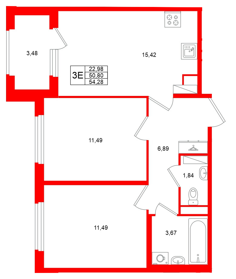 Квартира в ЖК «Дубровский», 2 комнатная, 50.8 м², 3 этаж