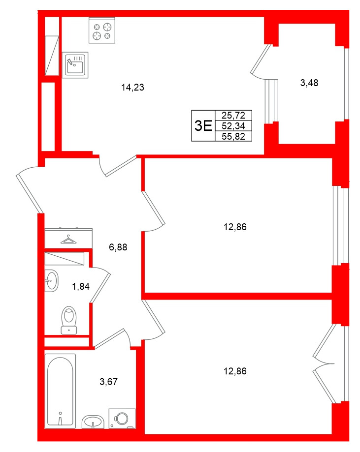 Квартира в ЖК «Дубровский», 2 комнатная, 52.34 м², 4 этаж