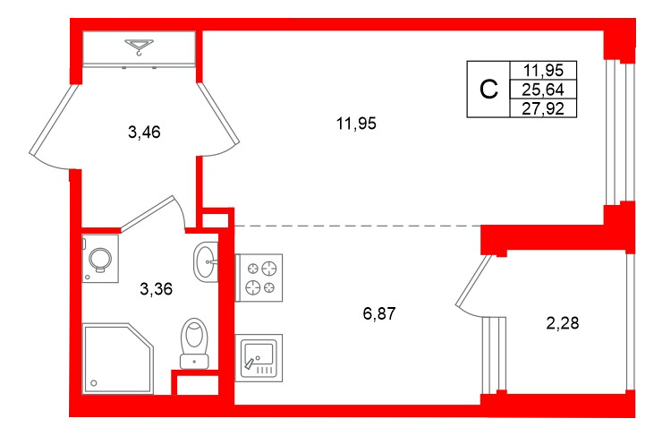 Квартира в ЖК «Дубровский», студия, 25.64 м², 1 этаж