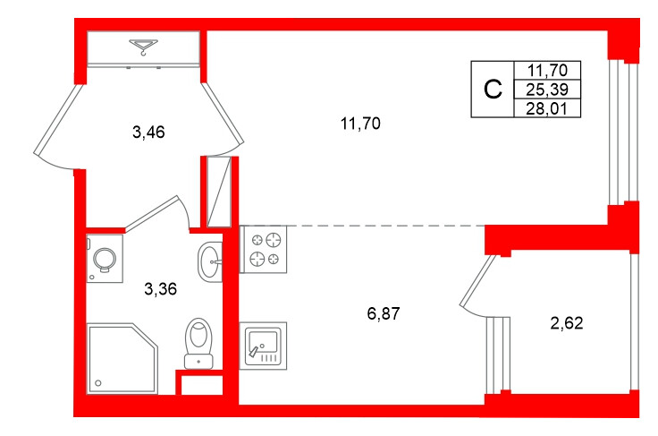 Квартира в ЖК «Дубровский», студия, 25.39 м², 3 этаж