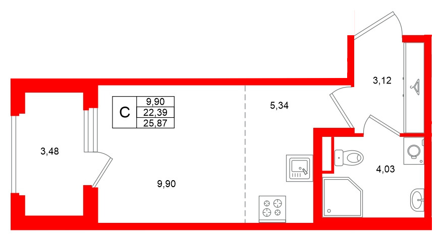 Квартира в ЖК «Дубровский», студия, 22.39 м², 1 этаж