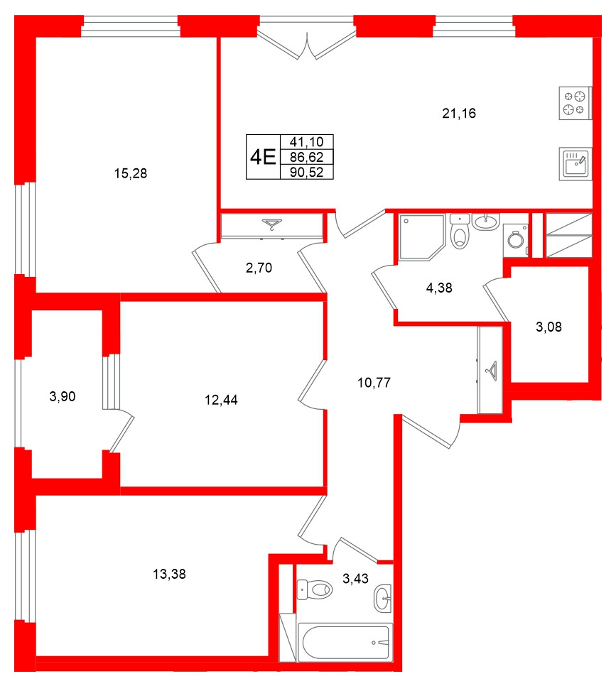 Квартира в ЖК Дубровский, 3 комнатная, 86.62 м², 3 этаж