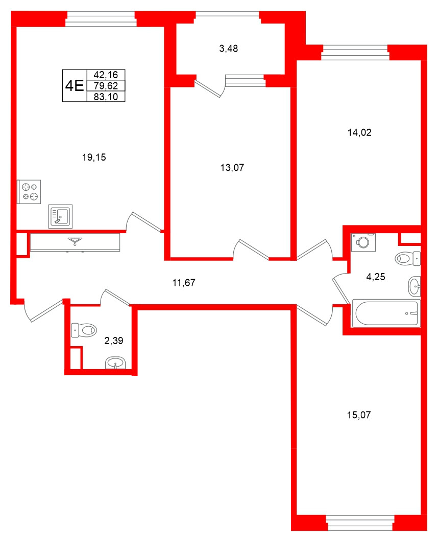 Квартира в ЖК Дубровский, 3 комнатная, 79.62 м², 1 этаж