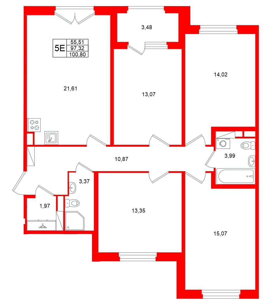 Квартира в ЖК Дубровский, 4 комнатная, 97.32 м², 4 этаж
