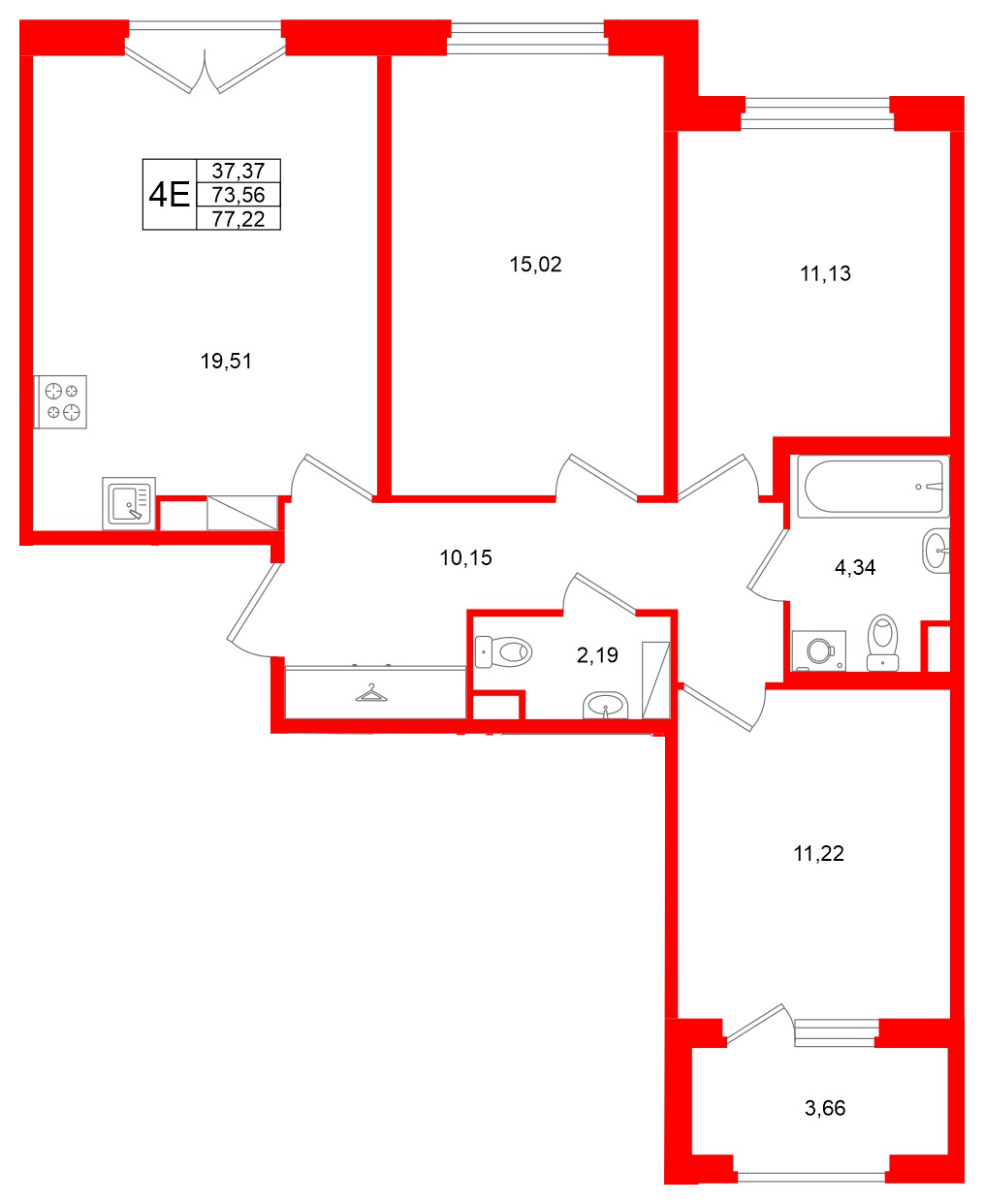 Квартира в ЖК Дубровский, 3 комнатная, 73.56 м², 4 этаж