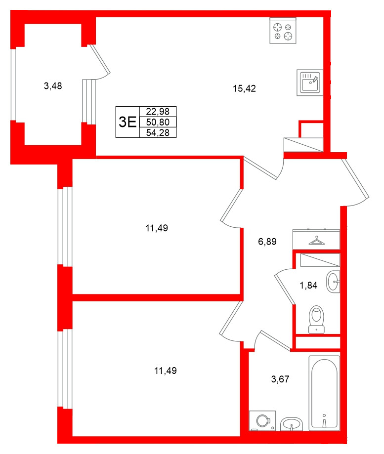 Квартира в ЖК «Дубровский», 2 комнатная, 50.8 м², 3 этаж
