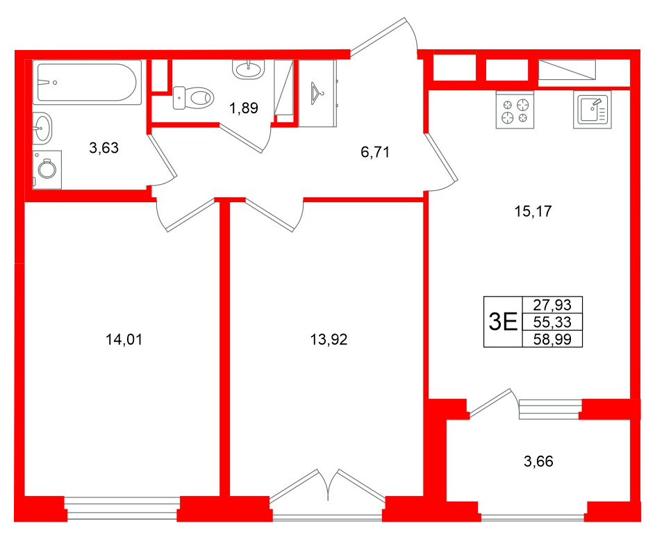 Квартира в ЖК «Дубровский», 2 комнатная, 55.33 м², 2 этаж