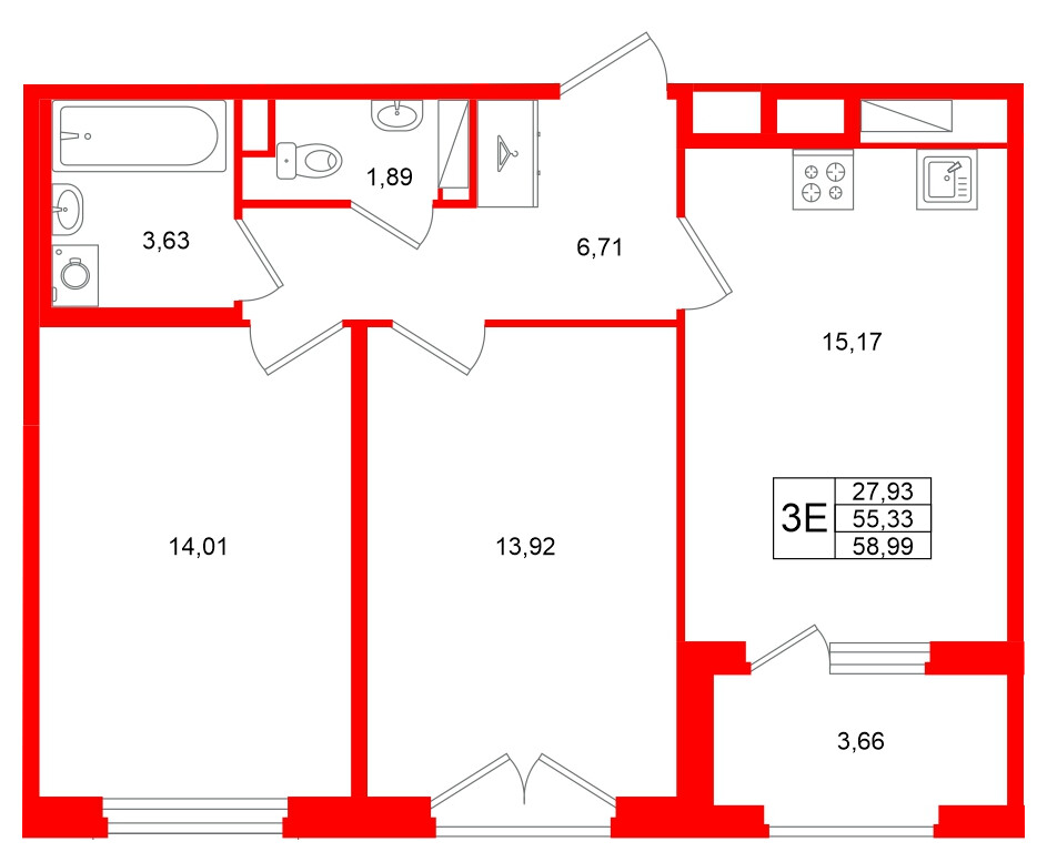 Квартира в ЖК «Дубровский», 2 комнатная, 55.33 м², 4 этаж