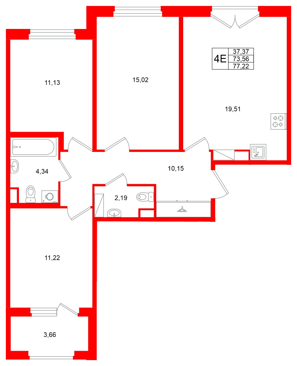 Квартира в ЖК Дубровский, 3 комнатная, 73.56 м², 3 этаж