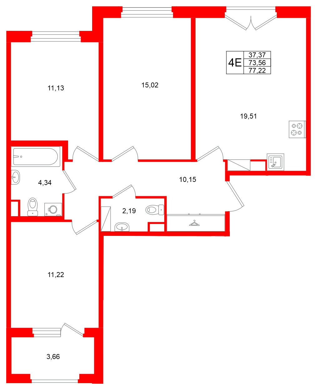 Квартира в ЖК Дубровский, 3 комнатная, 73.56 м², 4 этаж
