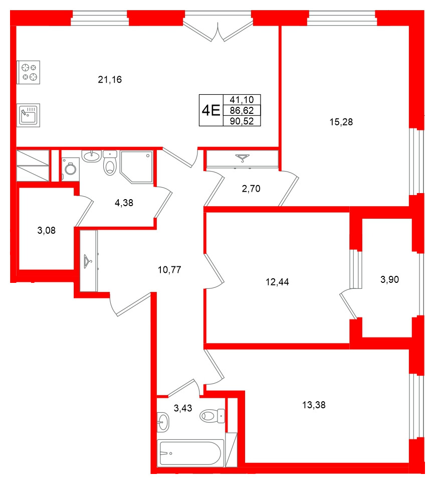 Квартира в ЖК Дубровский, 3 комнатная, 86.62 м², 2 этаж