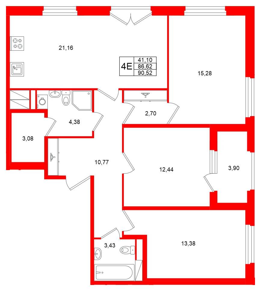 Квартира в ЖК Дубровский, 3 комнатная, 86.62 м², 3 этаж