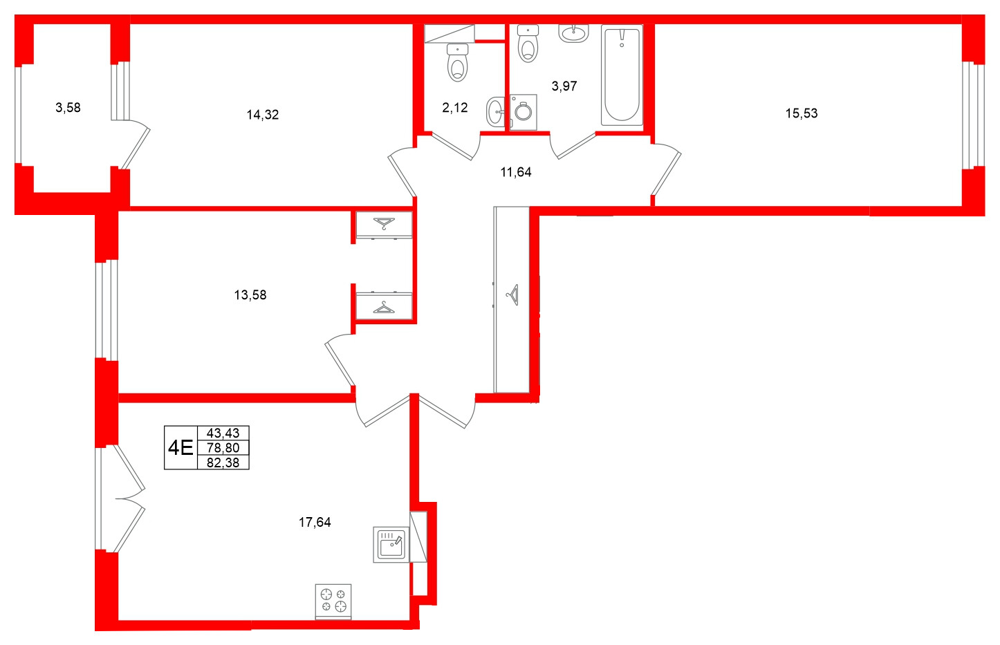 Квартира в ЖК Дубровский, 3 комнатная, 78.8 м², 4 этаж