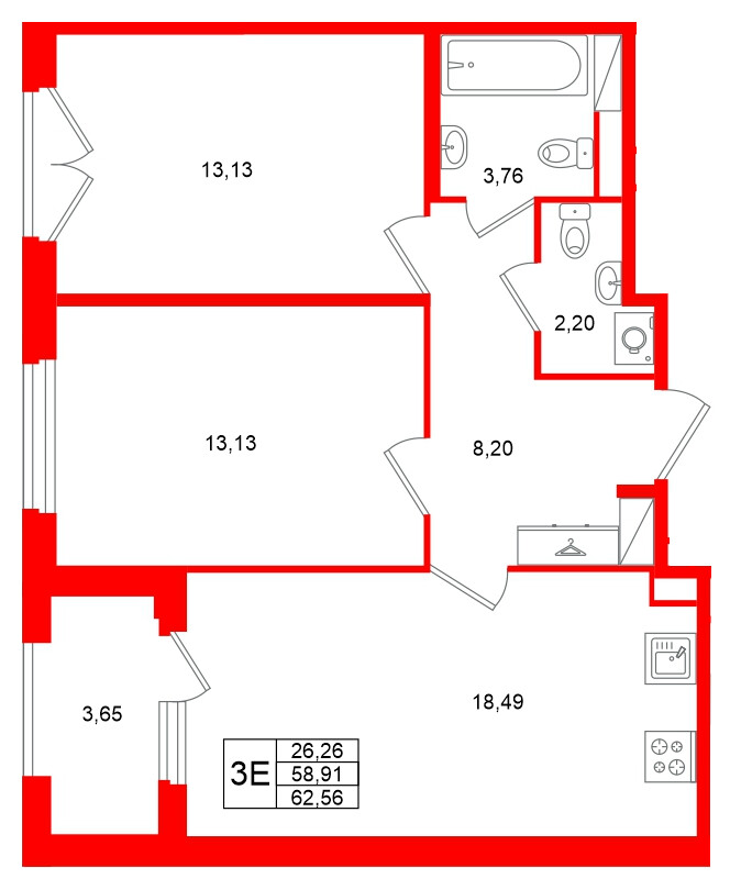 Квартира в ЖК Дубровский, 2 комнатная, 58.91 м², 2 этаж