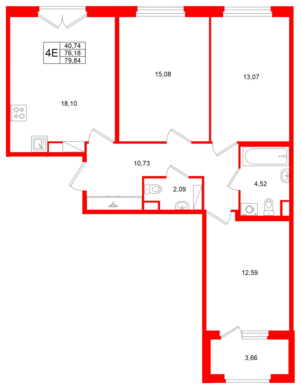 Квартира в ЖК Дубровский, 3 комнатная, 76.18 м², 4 этаж