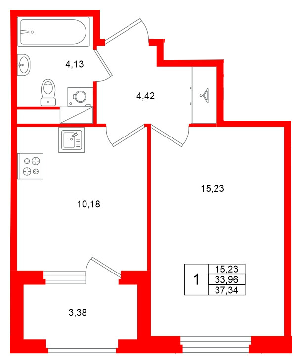 Квартира в ЖК «Дубровский», 1 комнатная, 33.96 м², 4 этаж