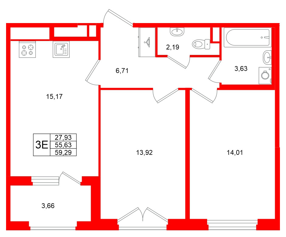 Квартира в ЖК «Дубровский», 2 комнатная, 55.63 м², 2 этаж