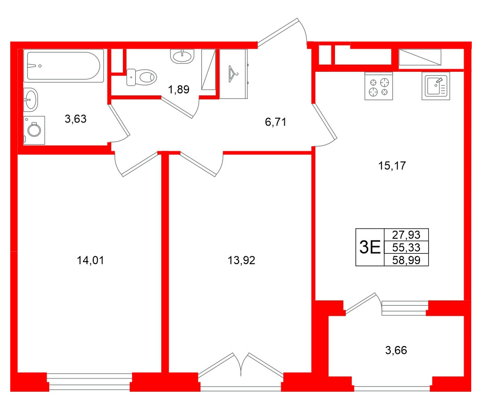 Квартира в ЖК «Дубровский», 2 комнатная, 55.33 м², 3 этаж