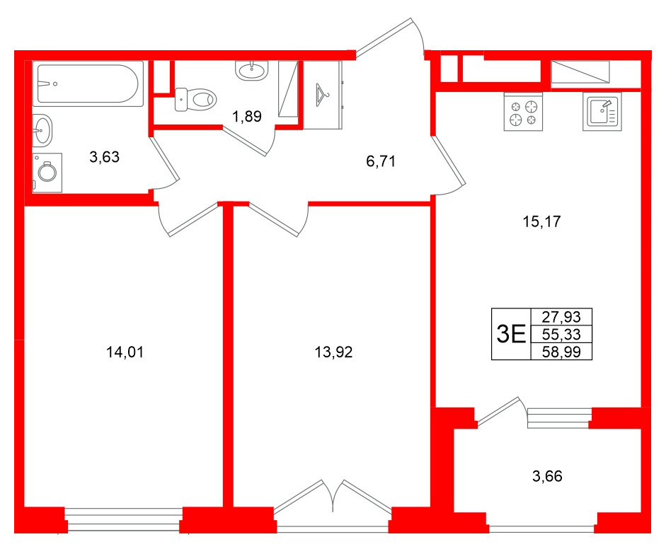 Квартира в ЖК «Дубровский», 2 комнатная, 55.33 м², 4 этаж
