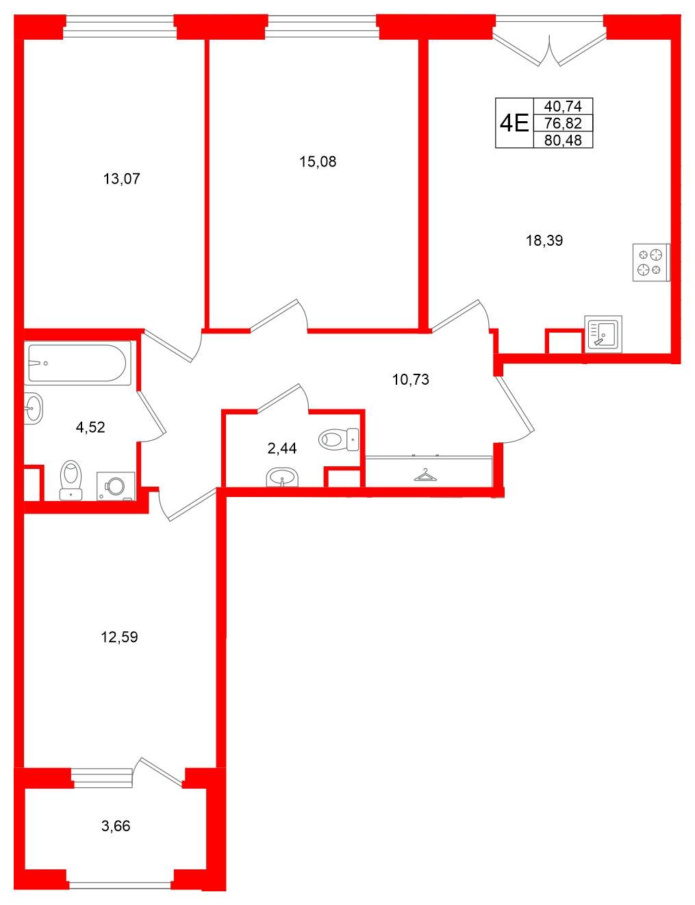 Квартира в ЖК Дубровский, 3 комнатная, 76.82 м², 2 этаж