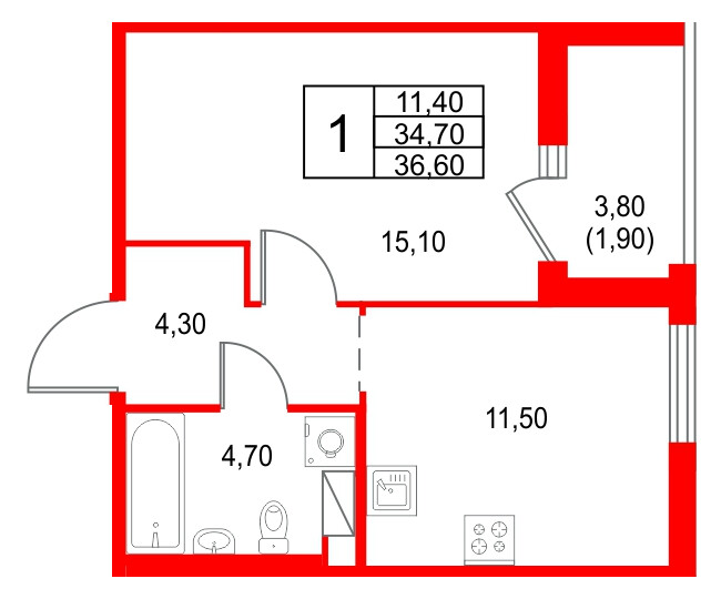 Квартира в ЖК Янила Форест, 1 комнатная, 36.6 м², 5 этаж