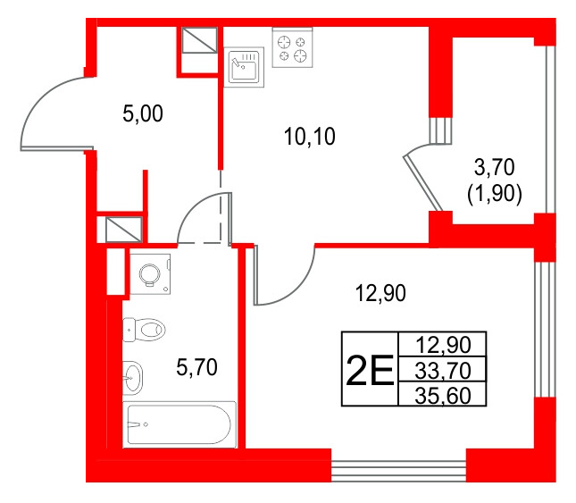 Квартира в ЖК Янила Форест, 1 комнатная, 35.6 м², 2 этаж