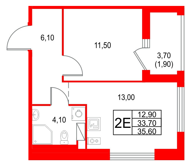 Квартира в ЖК Янила Форест, 1 комнатная, 35.6 м², 10 этаж