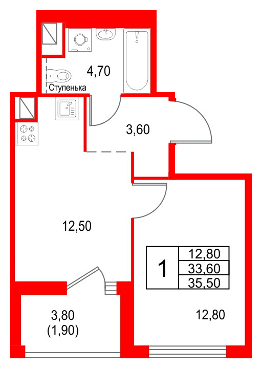Квартира в ЖК Янила Форест, 1 комнатная, 35.5 м², 2 этаж