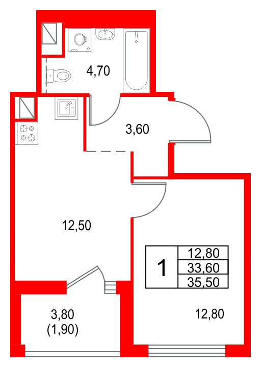 Квартира в ЖК Янила Форест, 1 комнатная, 35.5 м², 12 этаж